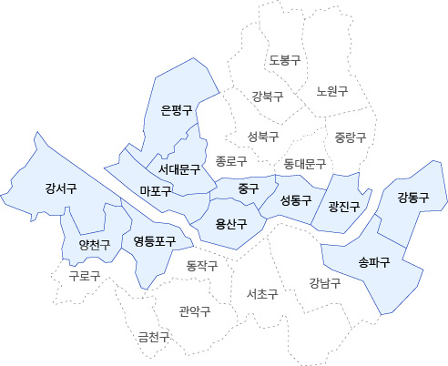 서울남부보훈청 관할구역 지도이미지로 은평구, 강서구, 마포구, 서대문구, 양천구, 영등포구, 용산구, 중구, 성동구, 광진구, 송파구, 강동구가 관할구역입니다.