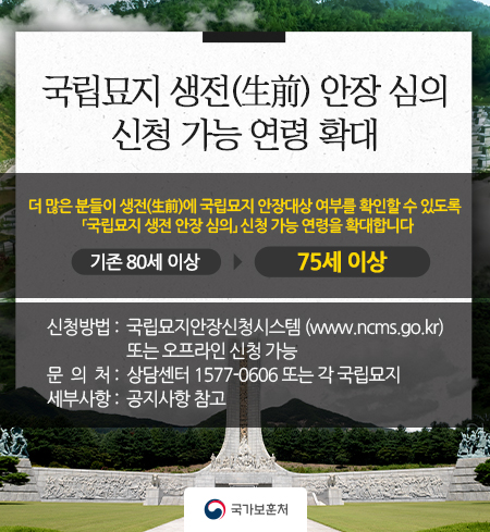 국립묘지 생전(生前) 안장 심의 신청 가능 연령 확대
기존 80세 이상 → 변경 75세 이상
신청방법: 국립묘지안장신청시스템 (www.ncms.go.kr)
              또는 오프라인 신청 가능
문의처: 상담센터 1577-0606 또는 각 국립묘지
세부사항: 공지사항 참고