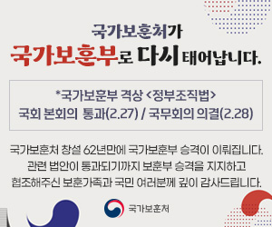 국가보훈처가 국가보훈부로 다시 태어납니다. 
*국가보훈부 격상 <정부조직법> 국회 본회의 통과(2.27) /국무회의 의결(2.28)
국가보훈처 창설 62년만에 국가보훈부 승격이 이뤄집니다. 
관련 법안이 통과되기까지 보훈부 승격을 지지하고 협조해주신 
보훈가족과 국민 여러분께 깊이 감사드립니다.