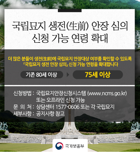 국립묘지 생전(生前) 안장 심의 신청 가능 연령 확대
기존 80세 이상 → 변경 75세 이상
신청방법: 국립묘지안장신청시스템 (www.ncms.go.kr)
              또는 오프라인 신청 가능
문의처: 상담센터 1577-0606 또는 각 국립묘지
세부사항: 공지사항 참고