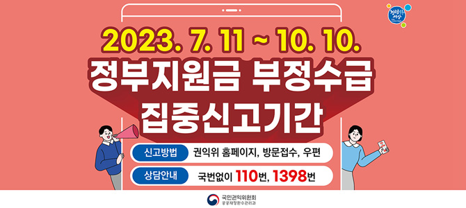 2023. 7. 11 ~ 10. 10.
정부지원금 부정수급 집중신고기간
/신고방법 : 권익위 홈페이지, 방문접수, 우편
/상담안내 : 국번없이 110번, 1398번
/국민권익위원회