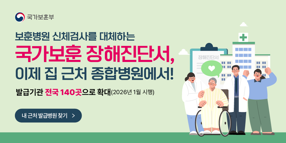 국가보훈부
보훈병원 신체검사를 대체하는 국가보훈 장해진단서, 이제 급 근처 종합병원에서!
발급기관 전국140곳으로 확대(2026년 1월 시행)
내 근처 발급병원 찾기
