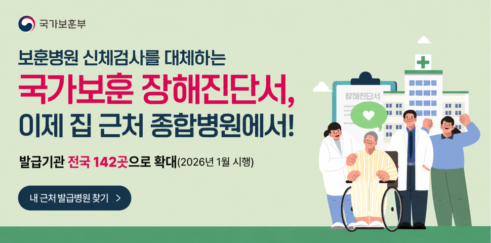 국가보훈부
보훈병원 신체검사를 대체하는 국가보훈 장해진단서, 이제 급 근처 종합병원에서!
발급기관 전국140곳으로 확대(2026년 1월 시행)
내 근처 발급병원 찾기