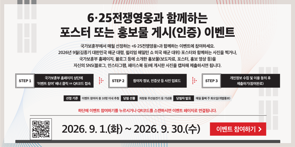 6·25전쟁영웅과 함께하는 포스터 또는 홍보물 게시(인증) 이벤트
국가보훈부에서 매월 선정하는 <6·25전쟁영웅>과 함께하는 이벤트에 참여하세요. 2026년 9월(김종기 대한민국 해군 대령, 윌리엄 해밀턴 쇼 미국 해군 대위) 포스터와 함께하는 사진을 찍거나, 국가보훈부 홈페이지, 블로그 등에 소개한 홍보물(보도자료, 포스터, 홍보 영상 등)을 자신의 SNS(블로그, 인스타그램, 페이스북 등)에 게시한 사진을 캡처해 제출하시면 됩니다.
STEP 1
국가보훈부 홈페이지 상단에 '이벤트 참여' 배너 클릭 OR QR코드 접속
STEP 2
참여자 정보, 인증샷 등 사진 업로드
STEP 3
개인정보 수집 및 이용 동의 후 제출하기(참여완료)
선정 기준
이벤트 참여자 중 10명 이내 추천
당첨 선물
차량용 무선충전기 등기념품
당첨자 발표
매월 품째 주 화요일(개별통보)
하단에 이벤트 참여하기를 누르시거나 QR코드를 스캔하시면 이벤트 페이지로 연결됩니다.
2026. 9. 1.(화) ~ 2026.9.30.(수)
이벤트 참여하기 >
