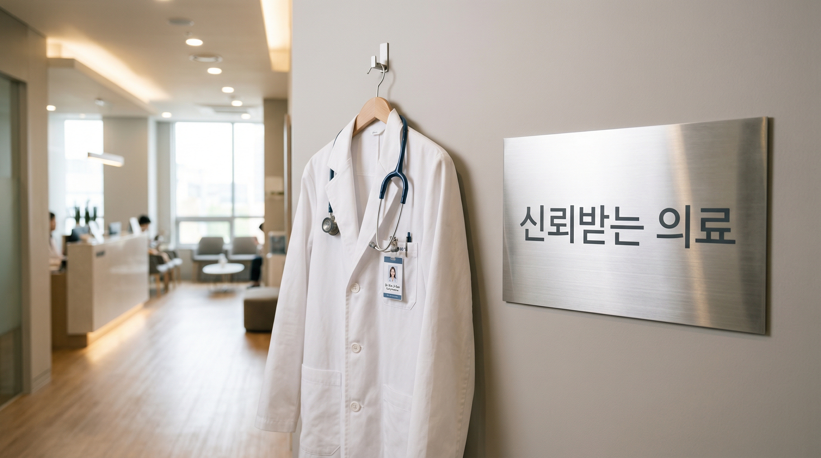 신뢰받는 의료 — 병원 복도에 걸린 의사 가운과 청진기