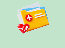 Medical record 3d render banner. Document folder with patient health report, paper healthcare data. Cardiology concept with red heart beat, thermometer, pill bottle on blue background. 3D illustration