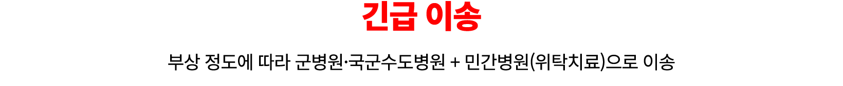 긴급 이송 부상 정도에 따라 군병원·국군수도병원 + 민간병원(위탁치료)으로 이송 