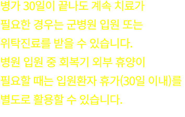 병가 30일이 끝나도 계속 치료가 필요한 경우는 군병원 입원 또는 위탁진료를 받을 수 있습니다. 병원 입원 중 회복기 외부 휴양이 필요할 때는 입원환자 휴가(30일 이내)를 별도로 활용할 수 있습니다.
