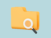 3D Yellow Folder with Magnifier. File storage concept. Search for archival documents. Data management. Database. Searching info. Cartoon creative design icon isolated on white background. 3D Rendering