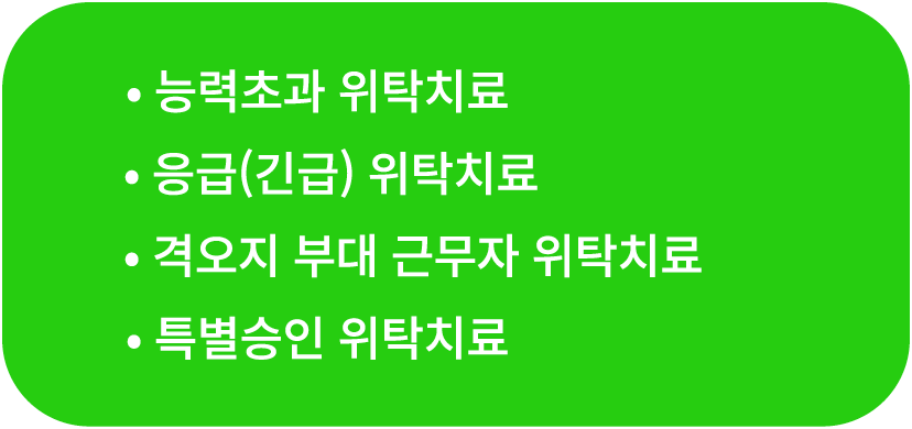 • 능력초과 위탁치료 ﻿﻿• 응급(긴급) 위탁치료 ﻿﻿• 격오지 부대 근무자 위탁치료 ﻿﻿• 특별승인 위탁치료