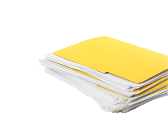 Stack of yellow files with documents on white background