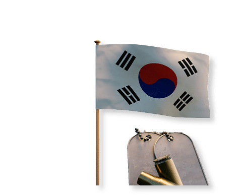 Memorial Day concept background with a tiny Korean flag tucked between a row of nameless soldiers and fallen shell casings. 3d rendering