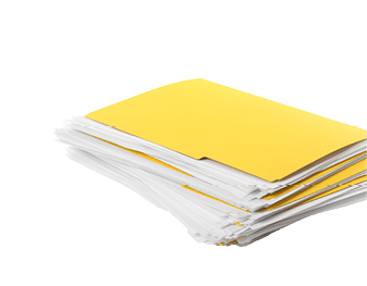Stack of yellow files with documents on white background