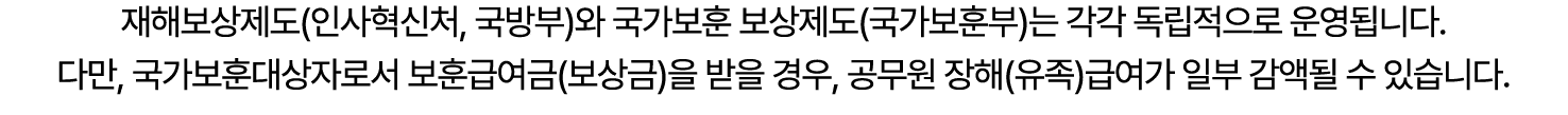 재해보상제도(인사혁신처, 국방부)와 국가보훈 보상제도(국가보훈부)는 각각 독립적으로 운영됩니다. 다만, 국가보훈대상자로서 보훈급여금(보상금)을 받을 경우, 공무원 장해(유족)급여가 일부 감액될 수 있습니다.