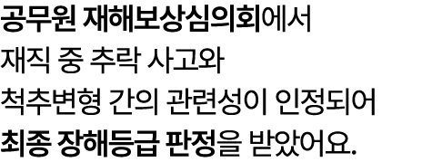 공무원 재해보상심의회에서 재직 중 추락 사고와 척추변형 간의 관련성이 인정되어 최종 장해등급 판정을 받았어요.
