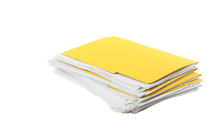 Stack of yellow files with documents on white background