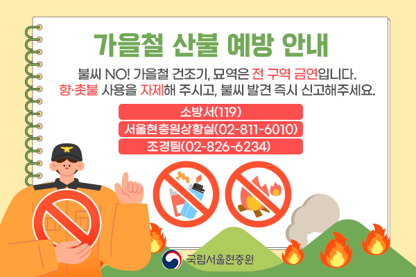 가을철 산불 예방 안내
불씨 No! 가을철 건조기, 묘역은 전 구역 금연입니다.
향 촛불 사용을 자제해주시고, 불씨 발견 즉시 신고해주세요.
소방서(119)/서울현충원 상황실(02-811-6010) / 조경팀(02-826-6234)